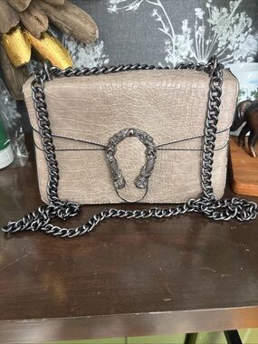 Taupe Croc-Embossed Chain Shoulder Bag